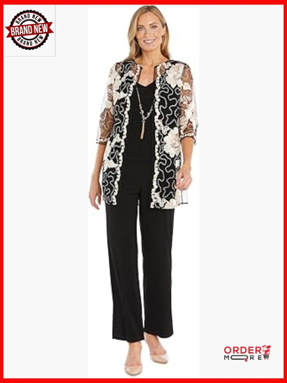 3-Piece Sequin Soutache Cardigan Pantsuit Set w/ Necklace